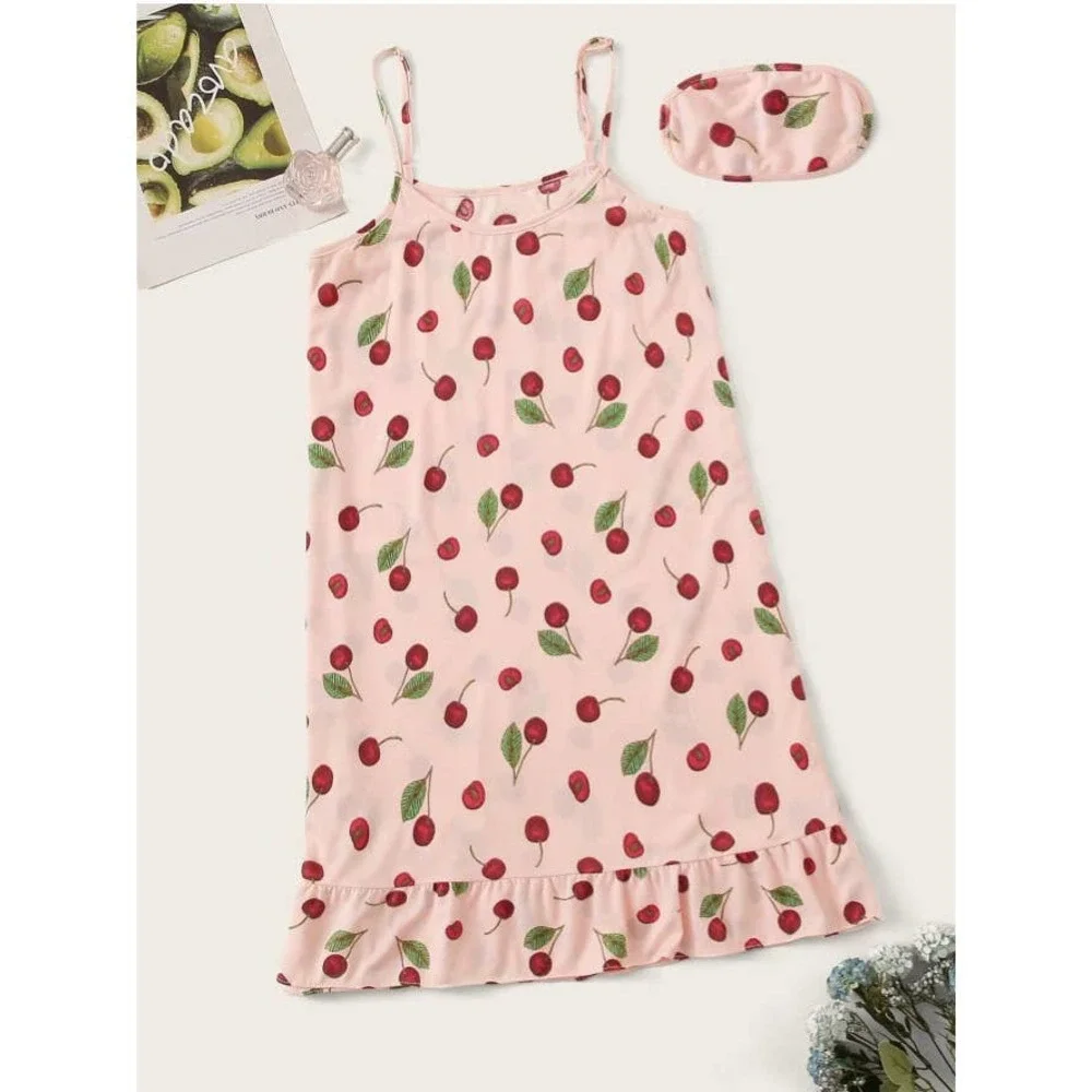 2 for $40 Cherry Print Ruched Strappy Dress